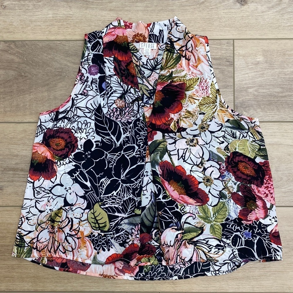 Spense Floral Print Shawl Collar Sleeveless Blouse